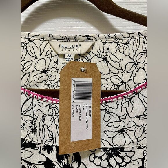 Tru Luxe Womens Embroidered Blouse Top Size M Floral Tie Sleeve Boxy White NWT - Picture 10 of 16
